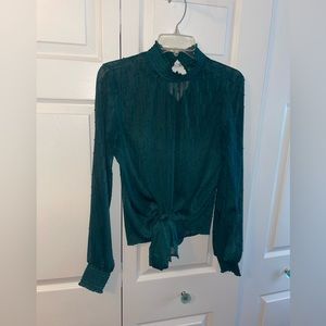 Express tie front blouse with button up high neck. Teal, size small.